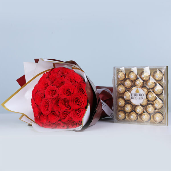 30 red roses in elegant wrapping plus a Ferrero Rocher chocolate box