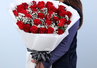 Valentine’s Day red rose bouquet with baby’s breath in white wrapping