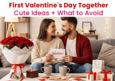A happy couple celebrating their first Valentine’s Day together at home, exchanging gifts and smiling with roses, presents, and coffee on the table — representing cute Valentine’s ideas and what to avoid for new couples.