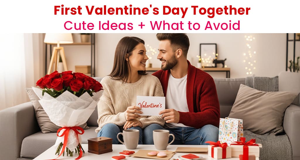 A happy couple celebrating their first Valentine’s Day together at home, exchanging gifts and smiling with roses, presents, and coffee on the table — representing cute Valentine’s ideas and what to avoid for new couples.