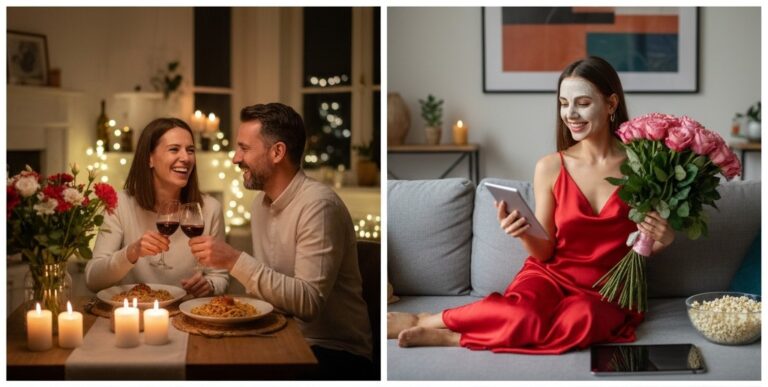Couple celebrating Valentine’s Day at home with flowers, candles, and a cozy setup.
