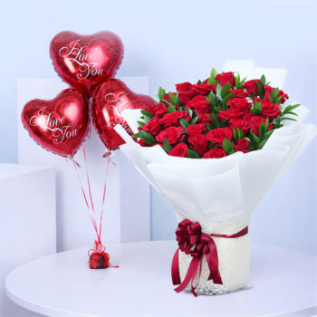 40 Red rose bouquet with 3 heart-shaped love balloons,