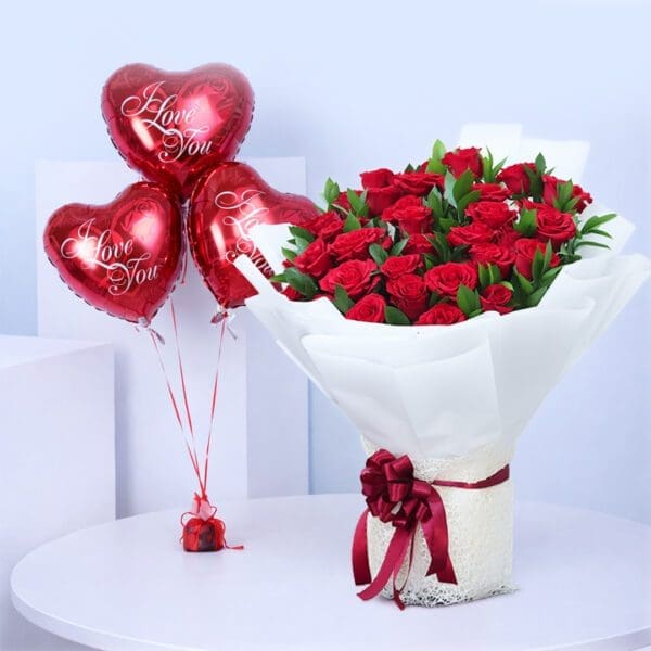 Red-Rose-Balloons-Combo 40 Red rose bouquet with 3 heart-shaped love balloons,