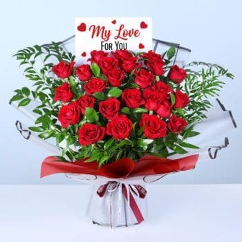 25 red roses bouquet with greenery and elegant wrapping