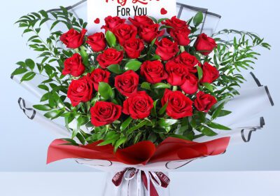 25 red roses bouquet with greenery and elegant wrapping