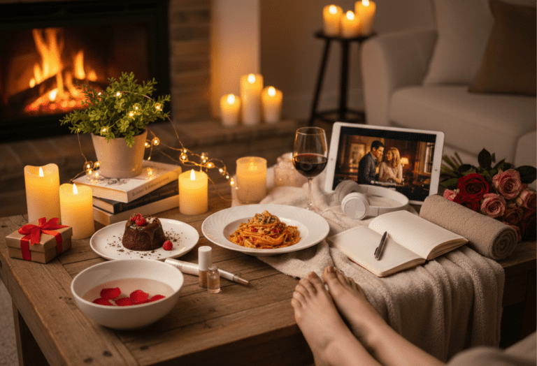 Cozy Valentine’s Day celebration at home focused on self-love and relaxation.