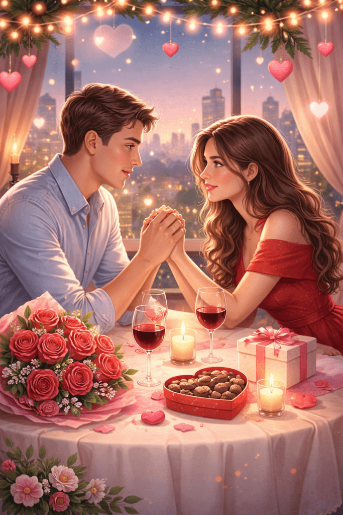 A romantic couple holding hands across a candlelit table on Valentine’s Day, surrounded by roses, chocolates, wine glasses, and a wrapped gift, with soft city lights and heart decorations creating a warm, intimate atmosphere.