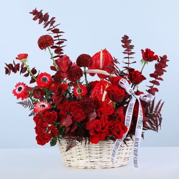 mixed-red-flower-basket Red roses, red anthurium, red gerbera daisies, and red foliage in a wicker basket arrangement style, finished with a printed ribbon bow.