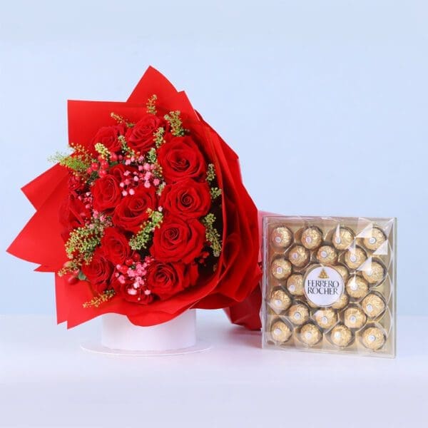 red-embrace-sweet-combo-ferrero-rocher Red roses in red wrap, finished with a Ferrero Rocher chocolate box