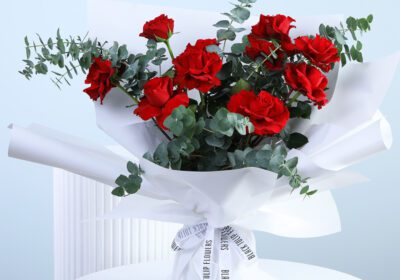 A bouquet of red roses in white wrap