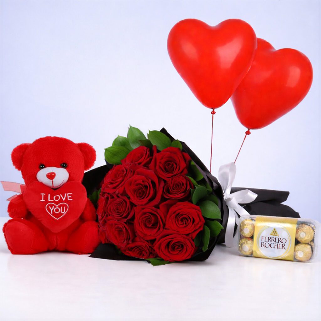 15 red roses with green foliage in premium wrap, with balloons, teddy bear and Ferraro