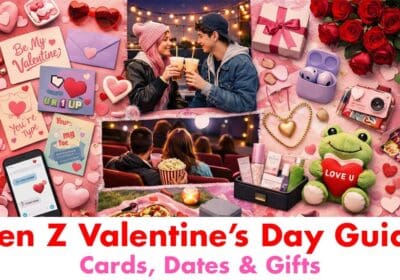 A vibrant, pink-toned collage illustrating Gen Z Valentine’s Day trends through a "scrapbook" style flat-lay of modern gifts and date ideas. The image features playful retro-inspired cards, tech gadgets, and diverse scenes of young couples enjoying cinema and outdoor dates.