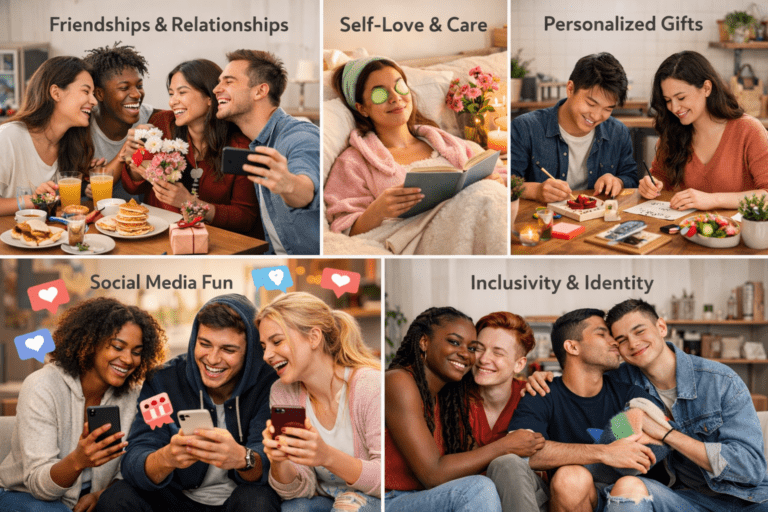These images highlight how Gen Z prioritizes authentic connection, inclusivity, and self-care over traditional Valentine's Day commercialism. They feature a mix of realistic photography and vibrant illustrations showcasing diverse couples and friends enjoying low-pressure activities like DIY crafting, casual home dates, and digital social sharing.