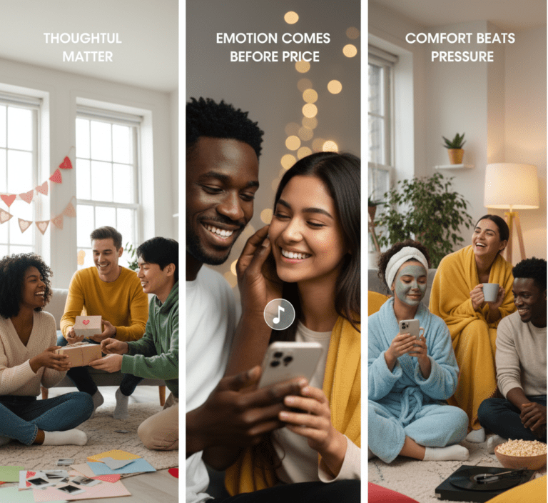 An infographic divided into three vertical panels, each featuring a headline in all-caps white text at the top and lifestyle photos of young adults, emphasizing Gen Z's approach to Valentine's Day.