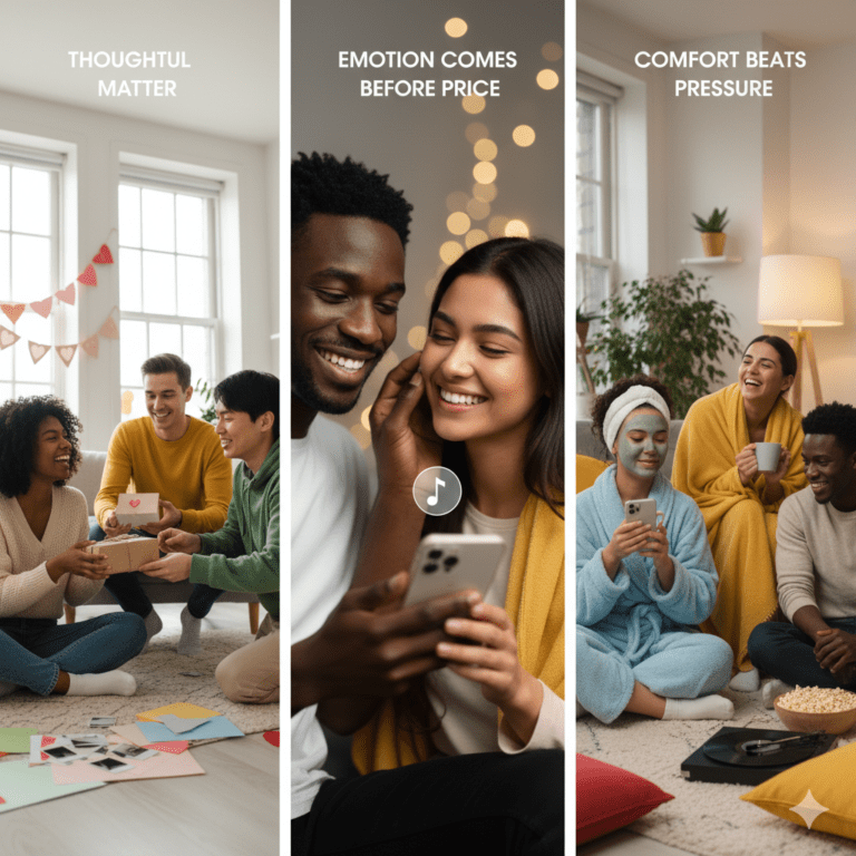 A photographic triptych exploring Gen Z Valentine's Day values, emphasizing thoughtful gestures, emotional connection over price, and comfortable, low-pressure celebrations. The panels feature diverse groups of young adults in cozy indoor settings sharing simple gifts, digital moments, and relaxed self-care.