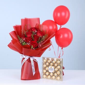 Red roses with fillers in red wrap, with a Ferrero Rocher chocolate box and 3 red balloons