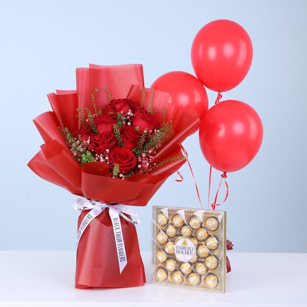 red-roses-bouquet-balloons-ferrero Red roses with fillers in red wrap, with a Ferrero Rocher chocolate box and 3 red balloons