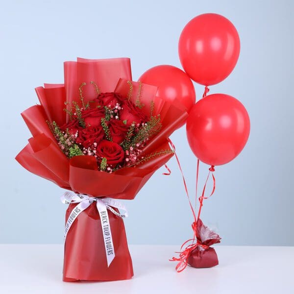 red-roses-celebration-balloon-set Fresh red roses with fillers with 3 red balloons combo
