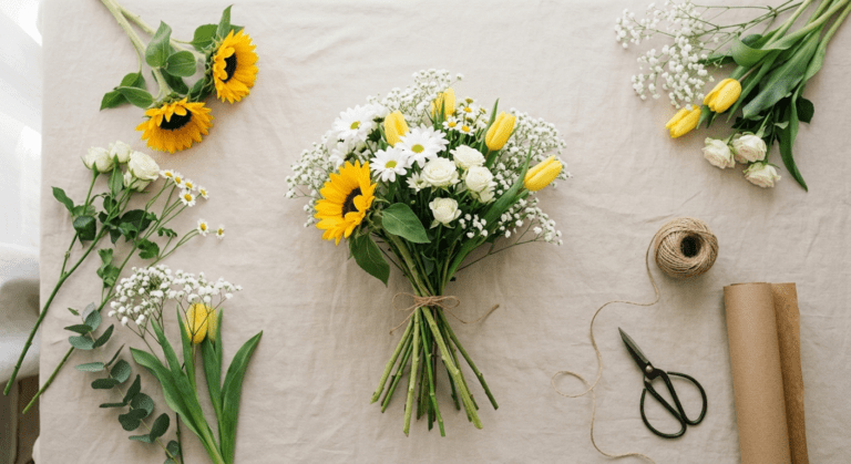 Colorful flowers arranged on a table