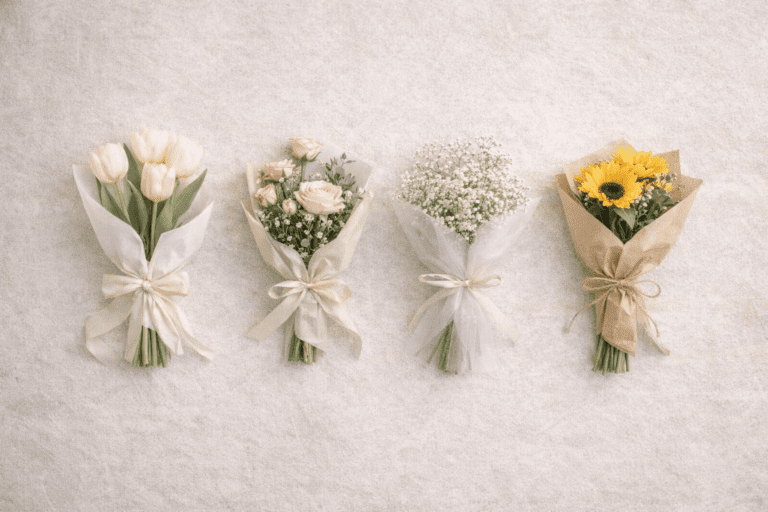 Four flower bouquets in wrappers