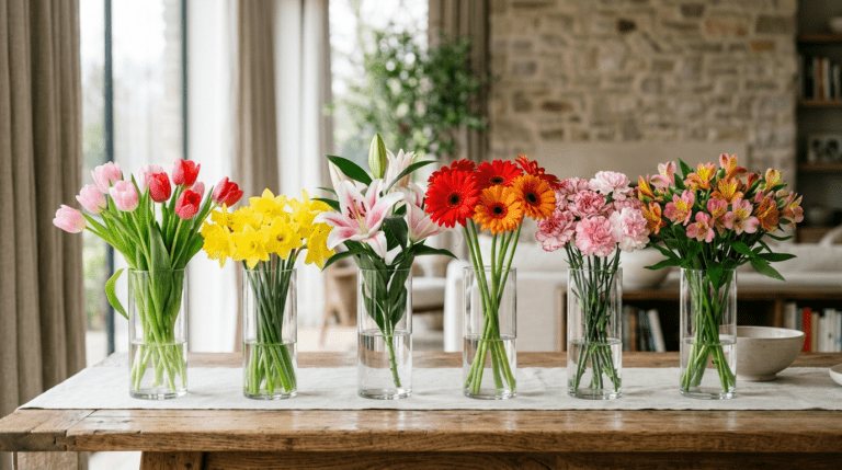 Fresh spring flowers including tulips, carnations, and alstroemeria in a stylish bouquet, showcasing seasonal charm