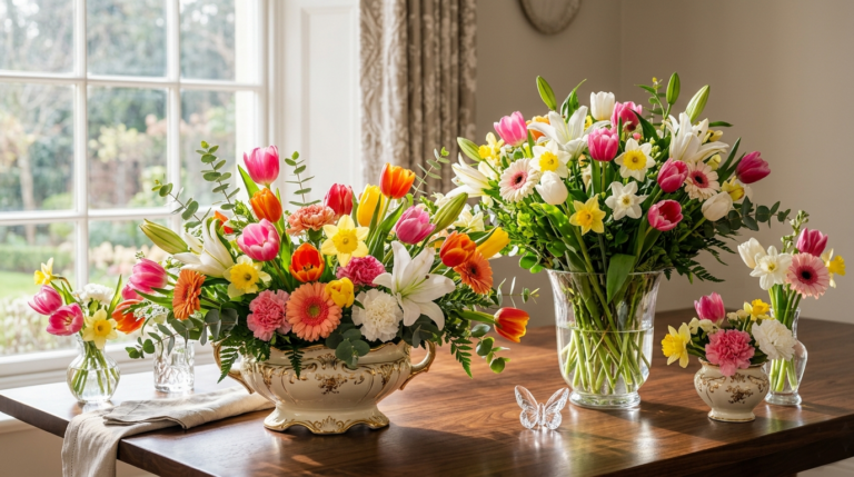Bright and colorful spring blooms elegantly arranged in a vase, perfect for adding freshness and charm to any space
