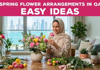 DIY spring flower arrangement with tulips and lilies in a glass vase in Qatar
