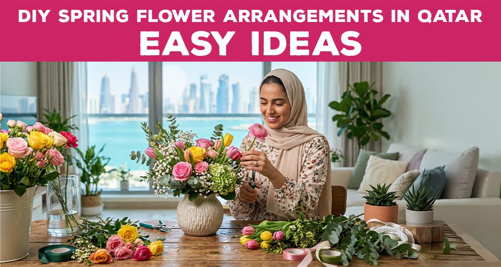 DIY spring flower arrangement with tulips and lilies in a glass vase in Qatar
