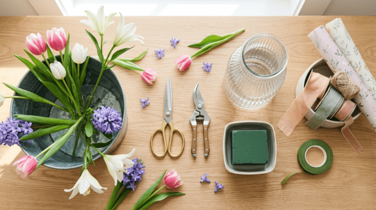 Essential flower arranging tools including scissors, floral foam, and tape