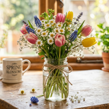Mason jar flower arrangement with fresh spring blooms on a wooden table