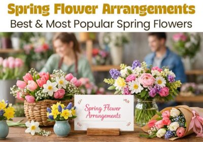 Spring flower arrangements featuring popular blooms like tulips, daffodils, lilies, and gerberas in a bright, elegant display with fresh seasonal colors on a wooden table