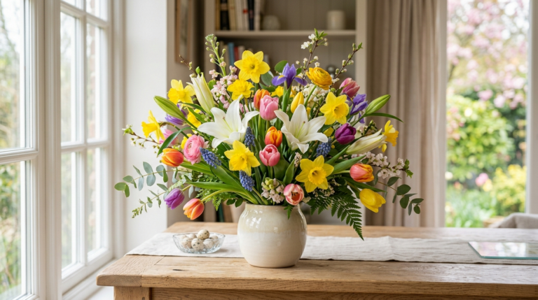 Fresh spring flowers like tulips, daffodils, and lilies arranged beautifully in a vase, showcasing their natural charm and vibrant colors