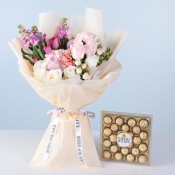 Classic Pastel Bloom Bouquet Ferrero 24 Pcs featuring mixed pastel flowers including roses, hydrangea, matthiola, carnations, and chocolates for gifting
