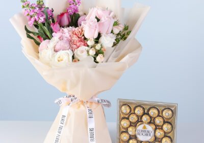 Classic Pastel Bloom Bouquet Ferrero 24 Pcs featuring mixed pastel flowers including roses, hydrangea, matthiola, carnations, and chocolates for gifting