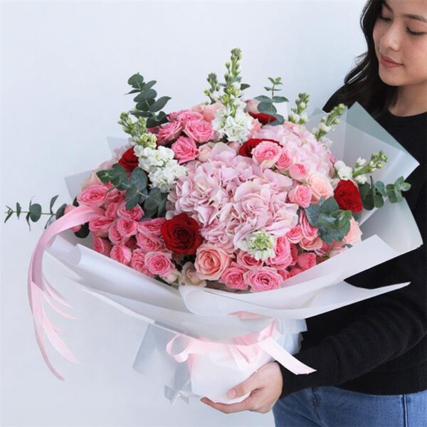 Classic Sweet Harmony Flowers featuring hydrangeas, roses, and eucalyptus arranged in a pastel floral design for gifting