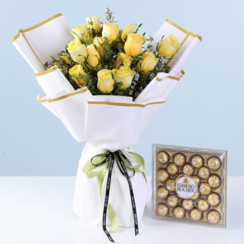 Yellow rose bouquet with Ferrero Rocher chocolate box arranged as a festive gift combo