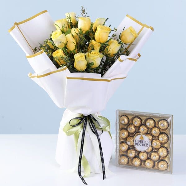 festive-yellow-rose-ferrero-gift-combo. Yellow rose bouquet with Ferrero Rocher chocolate box arranged as a festive gift combo