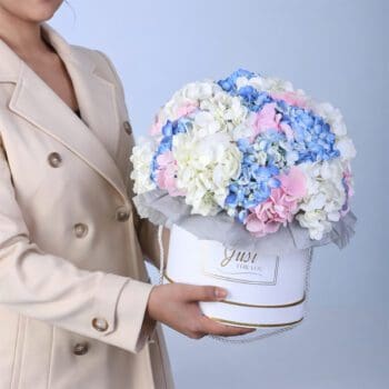 Hydrangea Bliss Arrangement with white, blue, and pink hydrangeas arranged in a sleek white box for decor and gifting