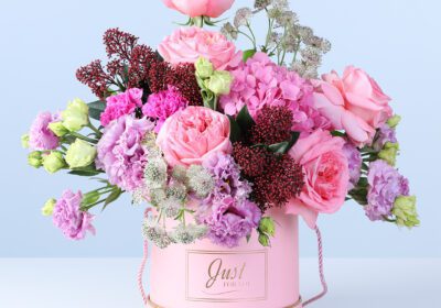 Mixed Pastel Flower Box with pink roses, hydrangea, lisianthus, carnations, and seasonal flowers arranged in a pink hatbox