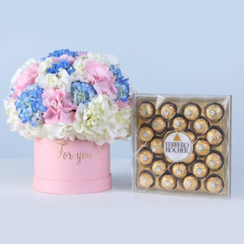 Pastel Hydrangea Bloom Box Ferrero 24 pcs featuring white, blue, and pink hydrangeas arranged in a pink box with chocolates for gifting
