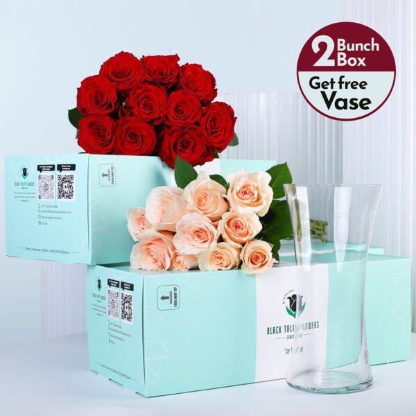 Purple and white rose bunch arranged for a fresh and elegant look. This bunch accompanies free glass vase.