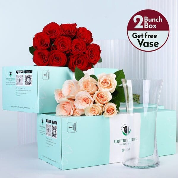 peach-and-red-roses-bunch Purple and white rose bunch arranged for a fresh and elegant look. This bunch accompanies free glass vase.