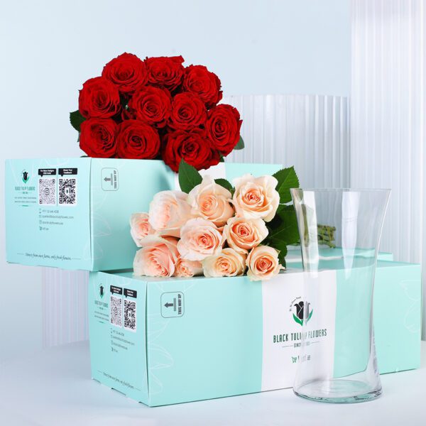 Purple and white rose bunch arranged for a fresh and elegant look. This bunch accompanies free glass vase.