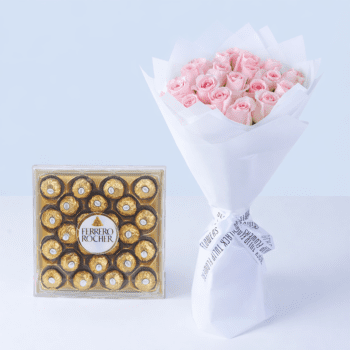 Pink Elegance Rose & Chocolates Combo featuring 20 light pink roses and 24 Ferrero Rocher chocolates arranged for luxury gifting