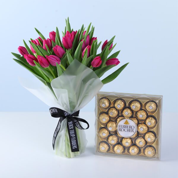 Pink Tulip Ferrero Gift Combo with 30 dark pink tulips and 24 Ferrero Rocher chocolates arranged beautifully for luxury gifting and celebrations