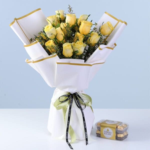 premium-yellow-rose-ferrero-16pcs-gift-combo Premium Yellow Rose Ferrero Gift Combo with yellow roses, millet berry fillers, and Ferrero Rocher chocolates arranged for gifting