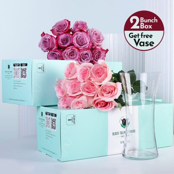 purple-pink-rose-duo-bunch-20-stems A floral arrangement of 10 deep purple roses and 10 pink roses placed together in a vase, creating a elegant two-tone rose bouquet.