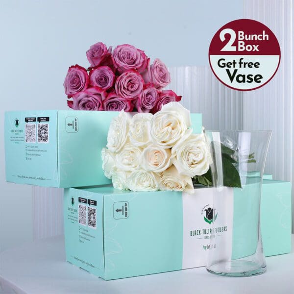 purple-white-rose-harmony-bunch A graceful mix of purple and white roses, thoughtfully arranged and paired with a free glass vase.