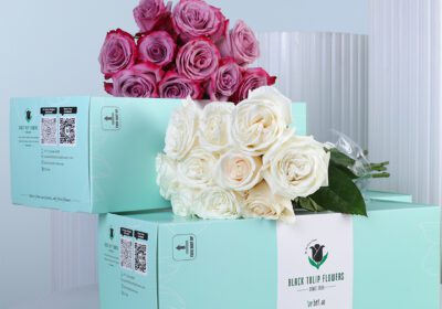 A graceful mix of purple and white roses, thoughtfully arranged and paired with a free glass vase.