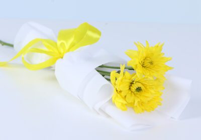 Vibrant yellow chrysanthemum wrapped beautifully for gifting, perfect for sharing happiness and positive energy.